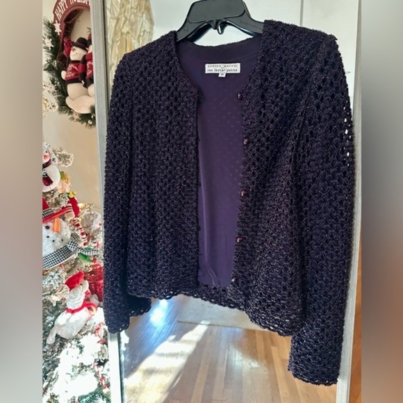 Andrea Polizzi Women Shimmery‎ Cardigan M Purple Open Front Metallic Knit Jacket - Picture 1 of 9